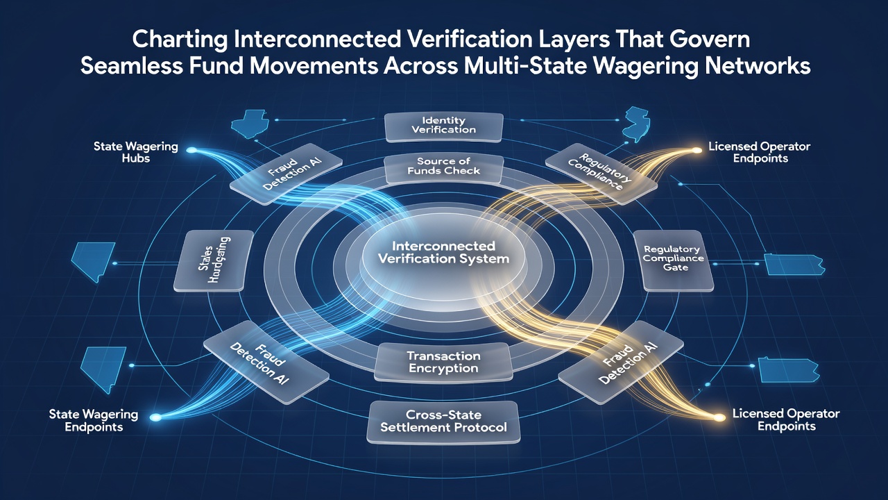 Diagram showing interconnected verification layers across multi-state wagering networks with data flows between identity checks, transaction monitoring, and compliance modules