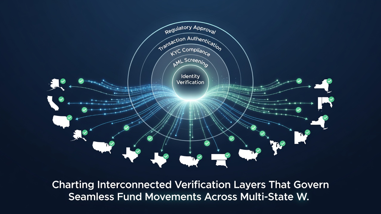 Flowchart of real-time fund movement process with verification checkpoints between state-specific wagering systems