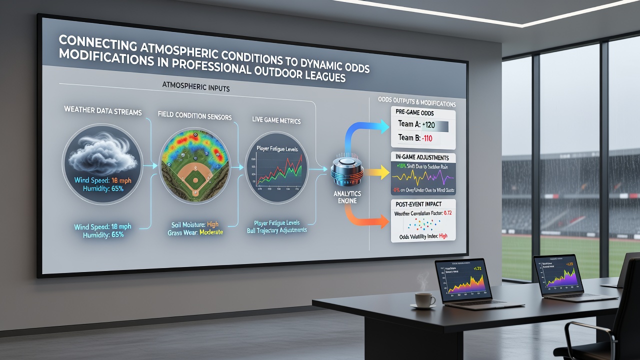 Live odds dashboard displaying dynamic adjustments based on incoming weather data during an outdoor soccer match