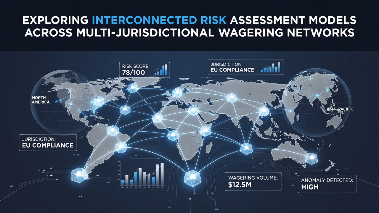 Diagram showing interconnected risk assessment models linking multiple wagering jurisdictions through data flows and compliance layers