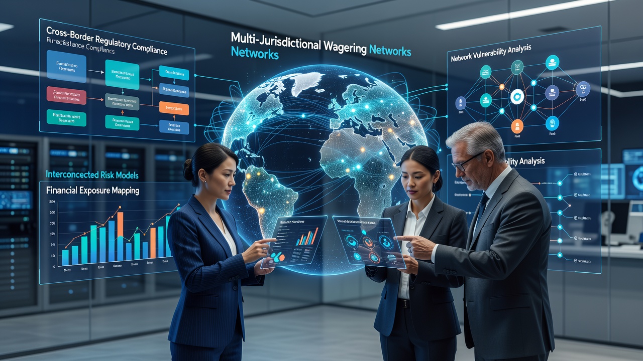Illustration of technology stack used in multi-jurisdictional wagering networks for real-time risk scoring and compliance verification