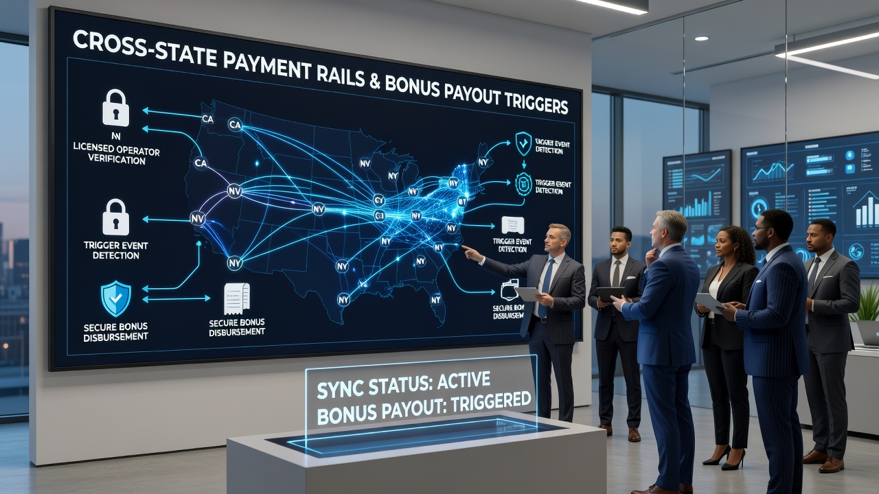 Flowchart of bonus trigger synchronization across multiple state payment rails