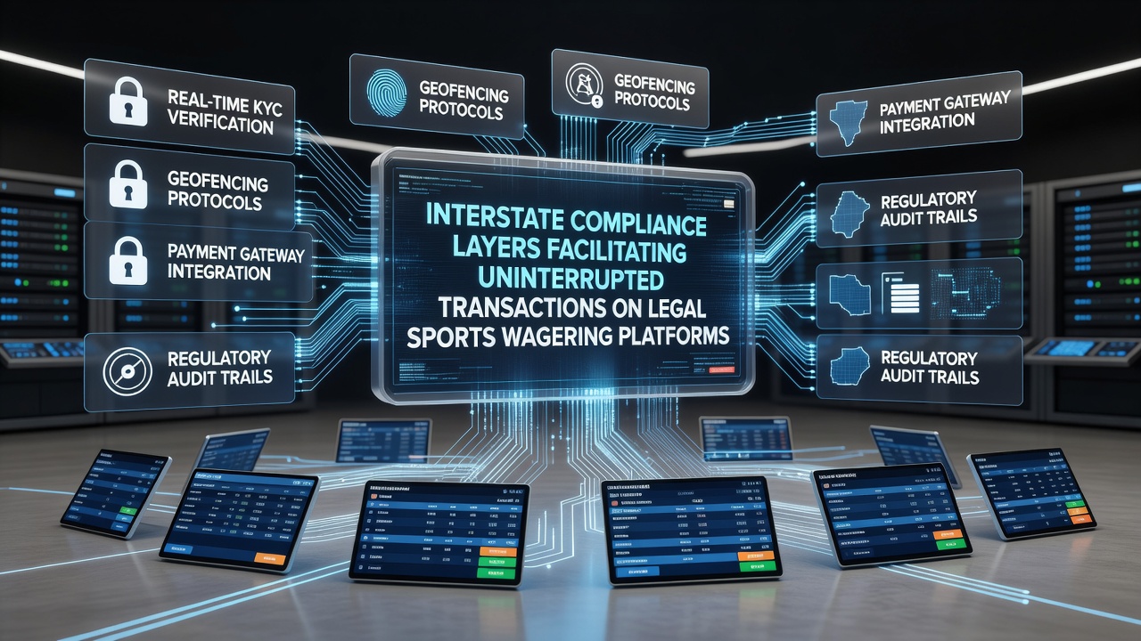 Network map illustrating secure data exchange points between state regulatory agencies and licensed sportsbooks