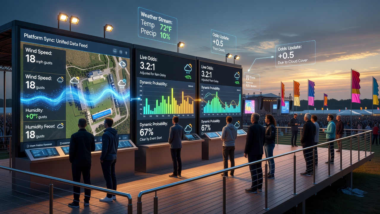 Operators reviewing synchronized weather and odds dashboards during a live outdoor sports event