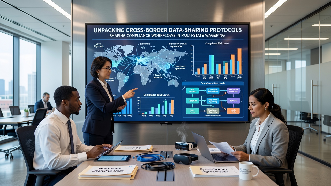 Compliance team reviewing cross-state wagering data on multiple monitors